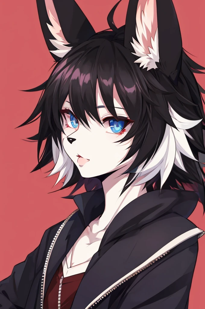 male, young adult, furry, anime, anthromorphic, bunny, emo, white fur, edgy, cute, beautiful, beautiful eyes, big lips, androgynous, cool big hair, bust portrait, stylized, y2k