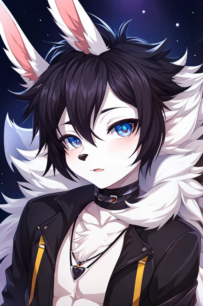 male, young adult, furry, anime, anthromorphic, bunny, emo, white fur, edgy, cute, beautiful, beautiful eyes, big lips, androgynous, cool big hair, bust portrait, stylized, y2k