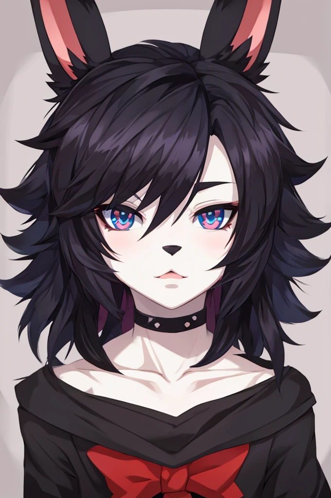 male, young adult, furry, anime, anthromorphic, bunny, emo, white fur, edgy, cute, beautiful, beautiful eyes, big lips, androgynous, cool big hair, bust portrait, stylized, y2k