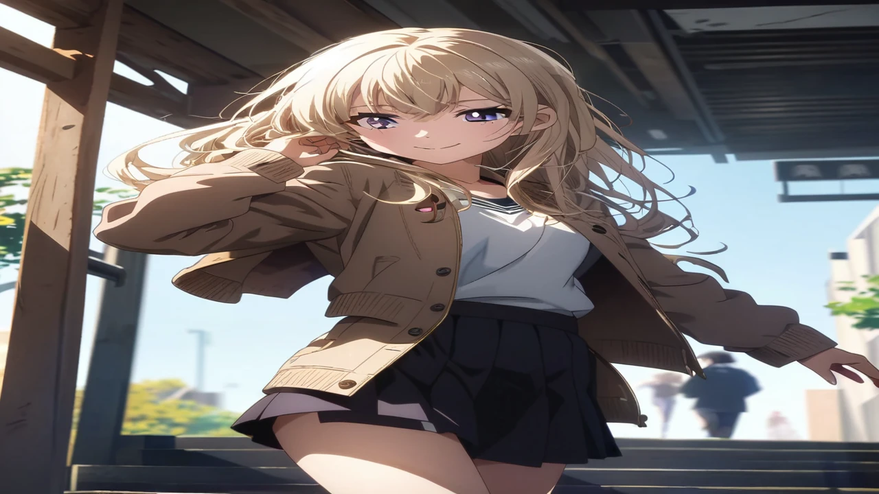 anime girl in a short skirt and jacket walking down a flight of stairs, anime visual of a cute girl, young anime girl, cute anime girl, attractive anime girl, blonde anime girl with long hair, anime style 4 k, smooth anime cg art, beautiful anime high school girl, an anime girl, high quality anime artstyle, beautiful anime girl, pretty anime girl