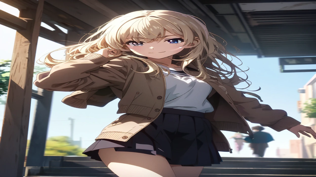 anime girl in a short skirt and jacket walking down a flight of stairs, anime visual of a cute girl, young anime girl, cute anime girl, attractive anime girl, blonde anime girl with long hair, anime style 4 k, smooth anime cg art, beautiful anime high school girl, an anime girl, high quality anime artstyle, beautiful anime girl, pretty anime girl