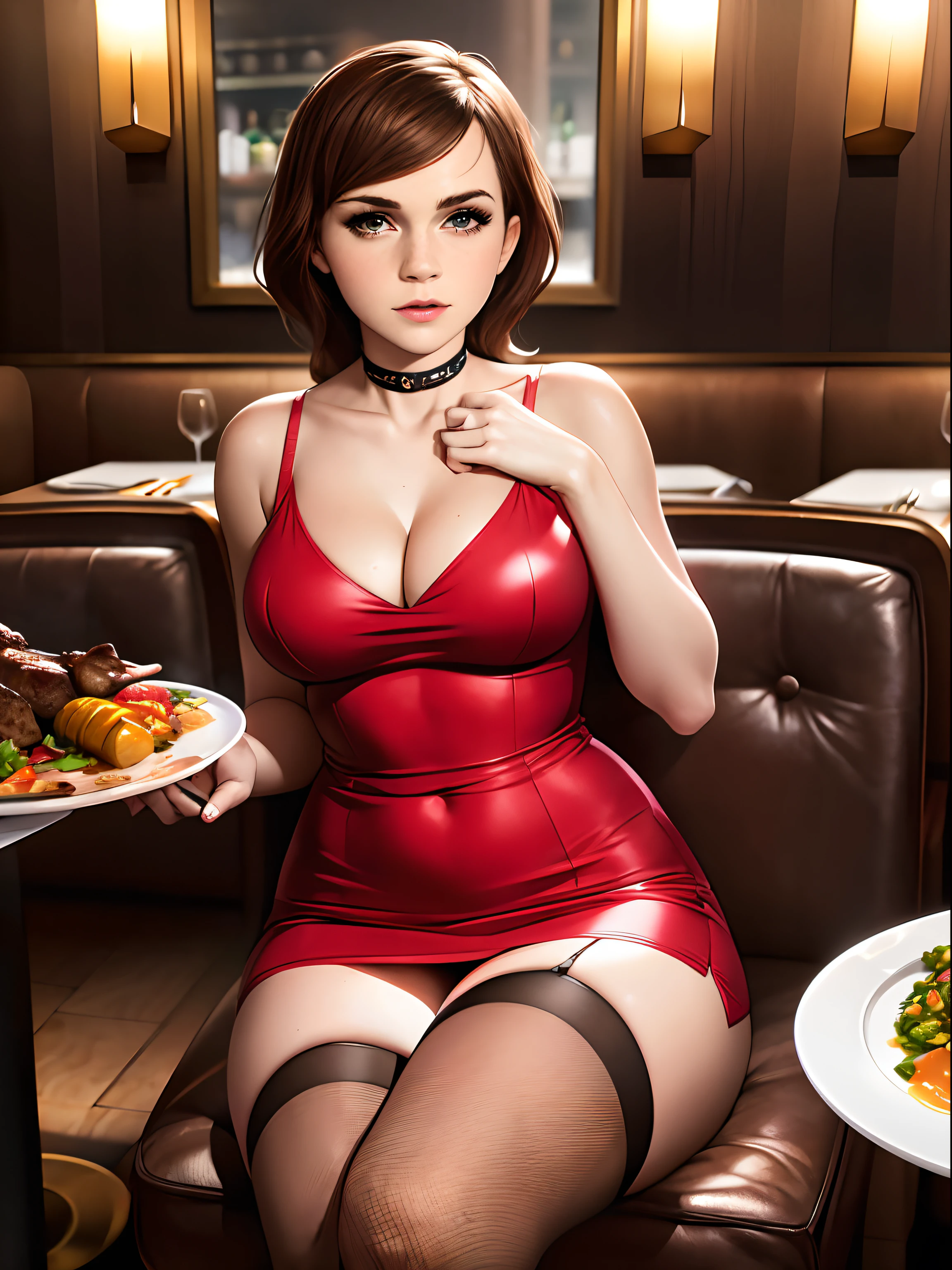 Emma Watson, at a fancy restaurant, sitting at a table, plates full of meat, plates full of food on table, wearing a miniskirt, wearing a tight red dress, wearing a choker necklace, wearing fishnet stockings, medium breasts, (medium breasts:1.5), cleavage,