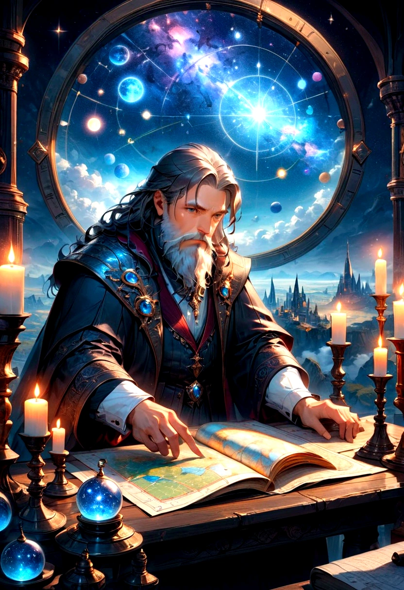 1boy, Astrologer, MAGIC: Ancient WIZARD reading a Map of the Constellations, telescope, candles, on a table, Epic cinematic brilliant stunning intricate meticulously detailed dramatic atmospheric maximalist digital matte painting, masterpiece, best quality, very aesthetic, absurdres