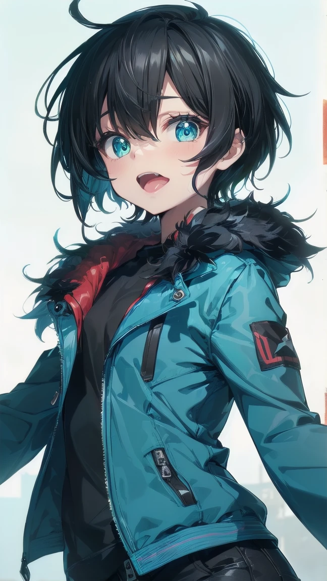 Close-up of a cartoon girl with blue hair and a yellow shirt, 2D Animation, 2D Animation style, 2D Art, 2D Art, 2D from Gorillaz, 2D from Gorillaz, 2D Gorillaz, Screaming Cerket, 2D Sprites, Jinx Face, short hair, Small breasts, hot pants, ((Black Hair, Bright blue fur inside:1.4))