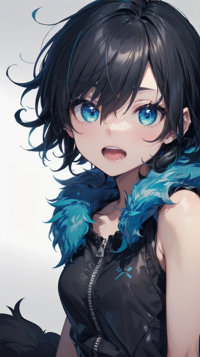Close-up of a cartoon girl with blue hair and a yellow shirt, 2D Animation, 2D Animation style, 2D Art, 2D Art, 2D from Gorillaz, 2D from Gorillaz, 2D Gorillaz, Screaming Cerket, 2D Sprites, Jinx Face, short hair, hot pants, Small breasts, ((Black Hair, Bright blue fur inside:1.4))