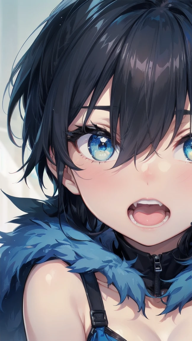 Close-up of a cartoon girl with blue hair and a yellow shirt, 2D Animation, 2D Animation style, 2D Art, 2D Art, 2D from Gorillaz, 2D from Gorillaz, 2D Gorillaz, Screaming Cerket, 2D Sprites, Jinx Face, short hair, hot pants, Small breasts, ((Black Hair, Bright blue fur inside:1.4))