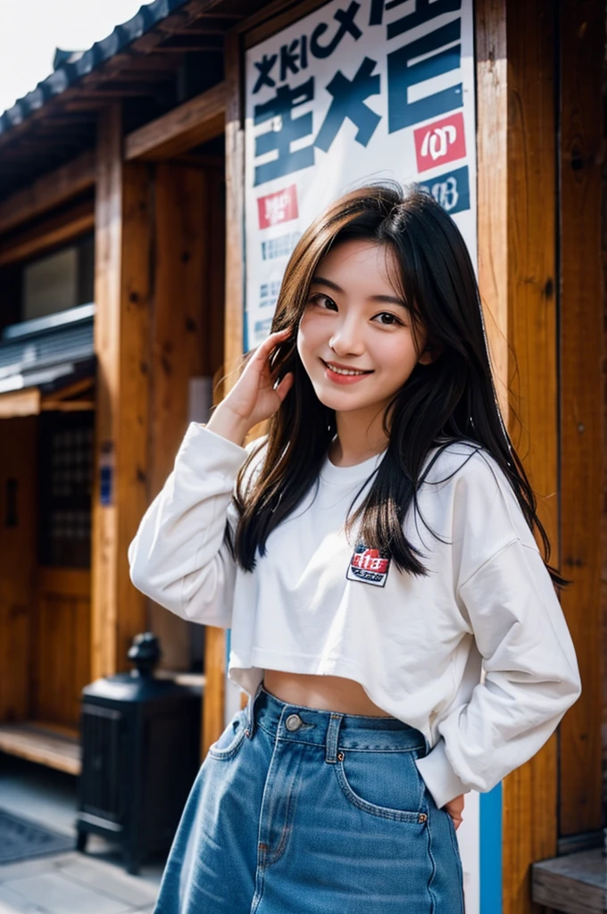 arafed woman standing in front of a tall tower with a smile, mid shot portrait, taken with canon eos 5 d mark iv, japanese streetwear, medium portrait, in front of ramen shop, outlive streetwear collection, portrait of a japanese teen, shot on sony a 7 iii, chiho, taken with canon 8 0 d, a young asian woman, 26 years