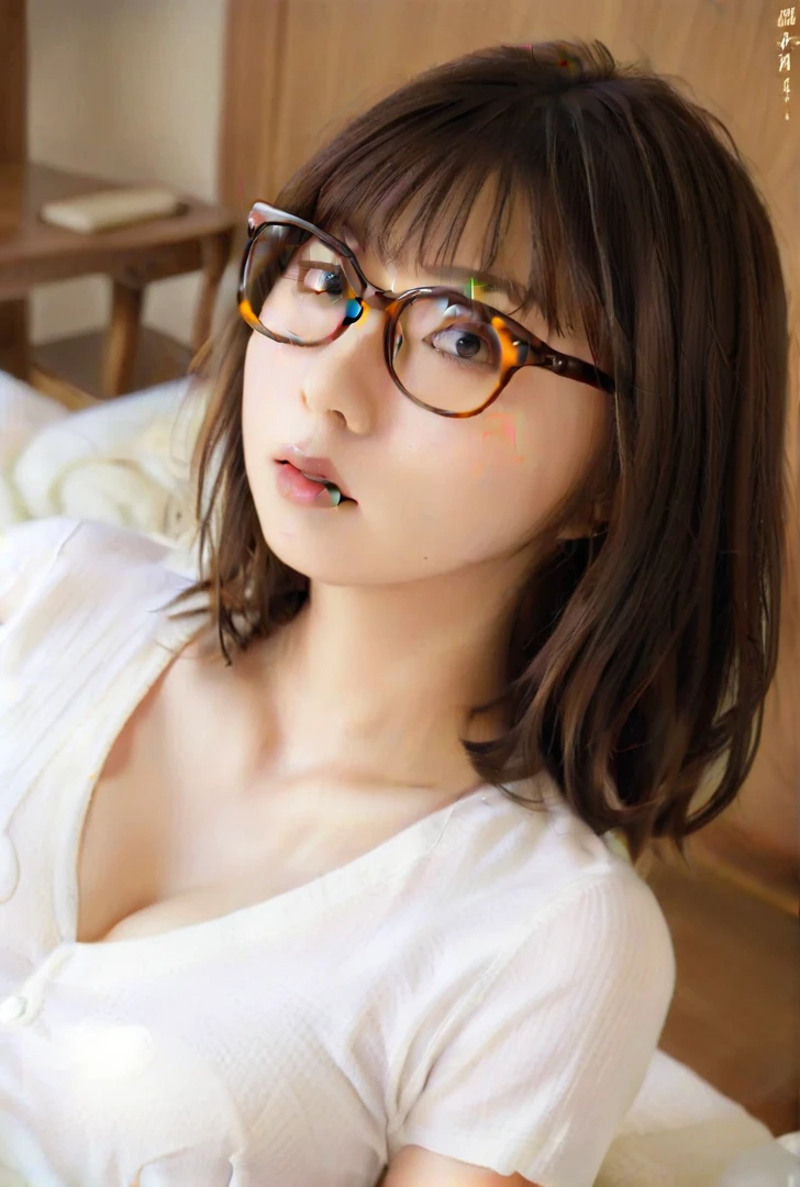 arafed asian woman Wearing glasses laying on a bed, Wearing glasses, Wearing glasses on, Young and sexy gravure idol, Realistic young gravure idol, realistic sensual gravure idol, Big glasses, big round glasses, Thick glasses, Wearing glasses, A sophisticated gravure idol, Young and cute gravure idol, ayami kojima amano