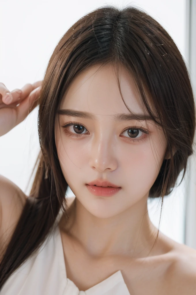 ((Highest quality, 8K, masterpiece :1.3))、Approachable、Face only、Buzzworthy faces on TikTok、 Highly detailed face and skin texture、Cute、White Skin、With bangs