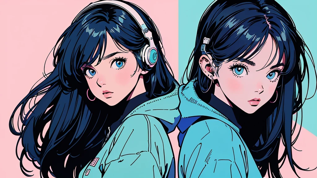 2D illustration, アニメ, Manga style, whole body,ASİAN, Bishamon from noragami, 1 Girl, Big Hair, Shortcuts, create, High resolution, masterpiece, Highest quality, High detail, High detailed eyes, Grain Filter, Detailed Lips, High resolution, Super detailed, Realistic ratio, Anatomically correct, Beautiful young woman, Erin Moriarty pairing:0.7, joey king:0.5, Sydney Sweeney:0.whole bodyポートレート, Illustrator, アニメ , Realistic ,sketch , 1 Girl, ,Lip, hoodie,Order, Blue gradient background, Neon Hair,Textured Trim, (masterpiece,Highest quality), lofi, Battle DJ girl in HIPHOP fashion wearing DJ headphones