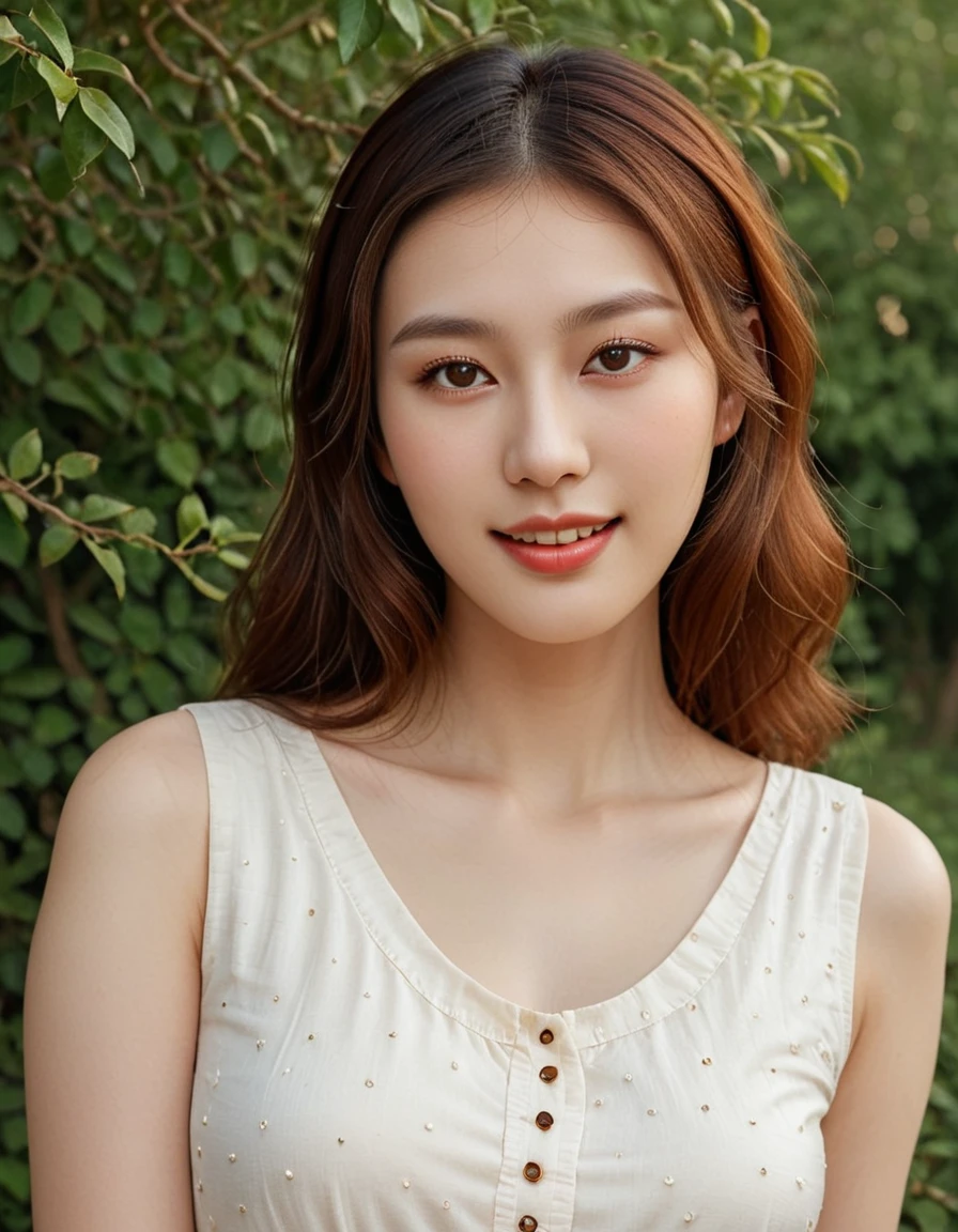 References: (Imada Mio: 0.7) Hyperrealism, Photorealistic, Masterpiece, Realistic Focus: Soft Focus, Sharp Focus, Super Detail Lighting: Backlight, Diffused soft lighting, Shallow depth of field Subject: Photos of young Japanese women named Haruka Xuan Anh, 28 years old. Appearance: Ultradetailed elegant, beautiful face Detailed skin, skin texture Nature makeup, igari makeup White skin, natural face, (heart shape face) Double eyelids, soft brown straight eyebrowns, (Long deep copper brown soft waves hair:1.0) Faint thin bangs (Black eyes:1.4), beautiful eyes, (downturned eyes: 1.4) Stunningly beautiful, stunningly gorgeous Slim body Pale skin, Textured skin, imperfect skin, mole:1.0 Soft reddish skin Perfect round lips, small mouth, close-mouth, smile, happy, cheerful Beautiful fingers, beautiful hands Clothing: Casual long Sleeveless Tunic, Pose and Setting: garden background, Additional Details: Detailed clothes Highest-quality, High detailed photo, Ultra detailed eyes True-Life, Raytracing, Subsurface scattering