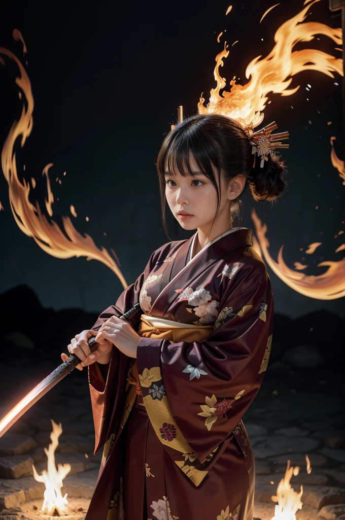 A woman in a kimono facing off against a monster、Has flames on its body、Angry expression、With a Japanese sword（Whole body 1：2）The World of Japanese Styles、