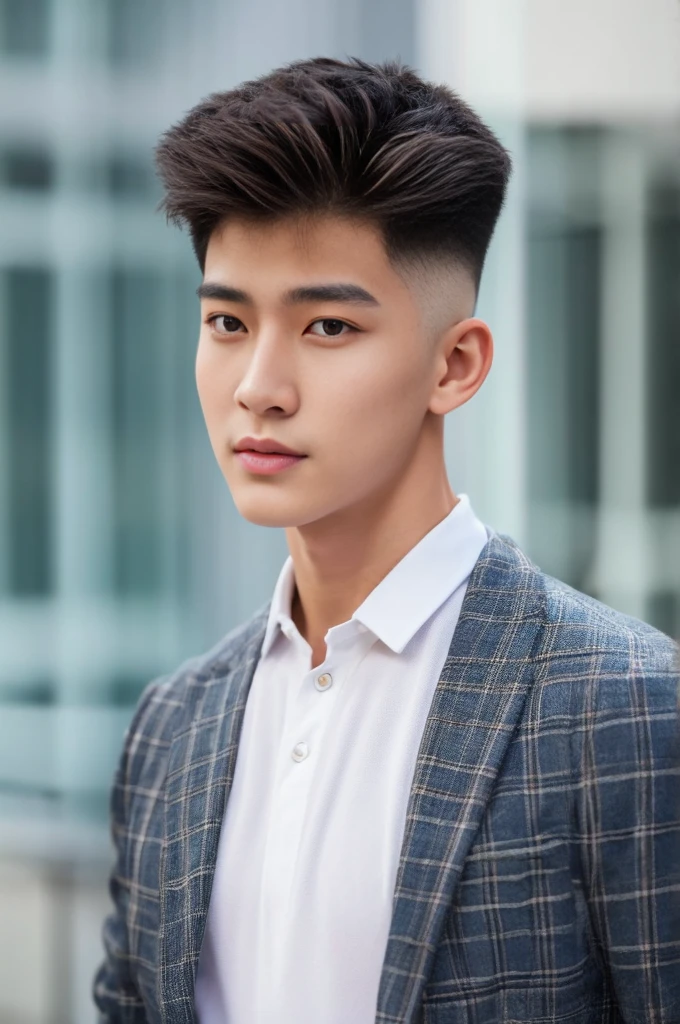 Young Korean man in a white flight suit, close up airplane background, Detailed background, inch details, Take the whole body, Quiv haircut, Look at the camera, Detailed parts of the face, Manly, Active Boy, Freestyle moves, happy expression, perfect anatomy, Symmetrical body, Asia boy 19 years old, Highly detailed, Asia, realistic, human skin, short hairstyle, handsome chad chin, handsome, Be a man, charming, human skin, (Make eye contact), handsome, charming