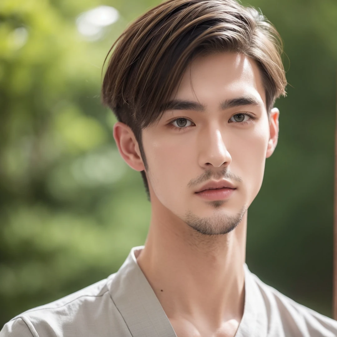 Handsome British mix Japanese guy, wasian, mix bloode, dark blonde hair, short hair, undercut hair, green eyes, 25 year old