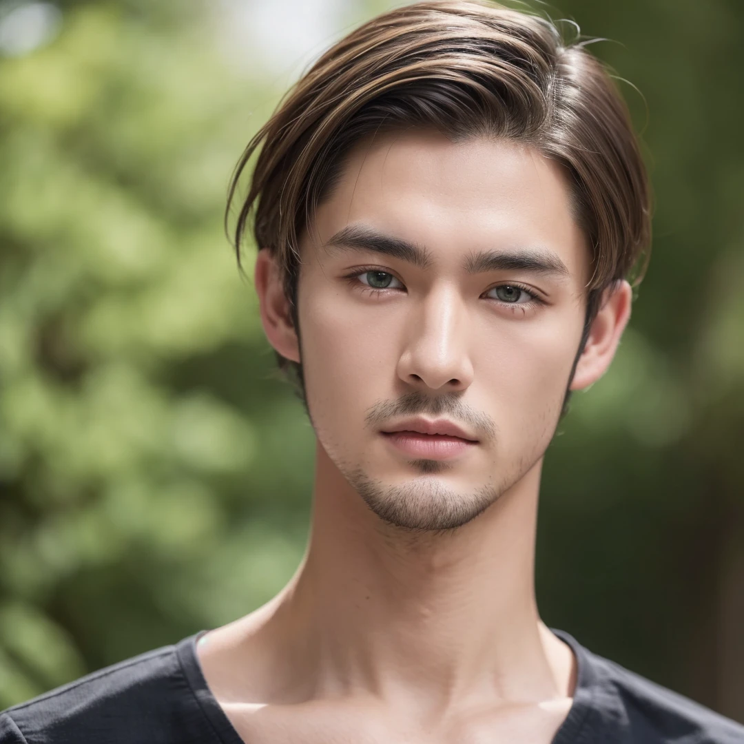 Handsome British mix Japanese guy, wasian, mix bloode, dark blonde hair, short hair, undercut hair, green eyes, 25 year old
