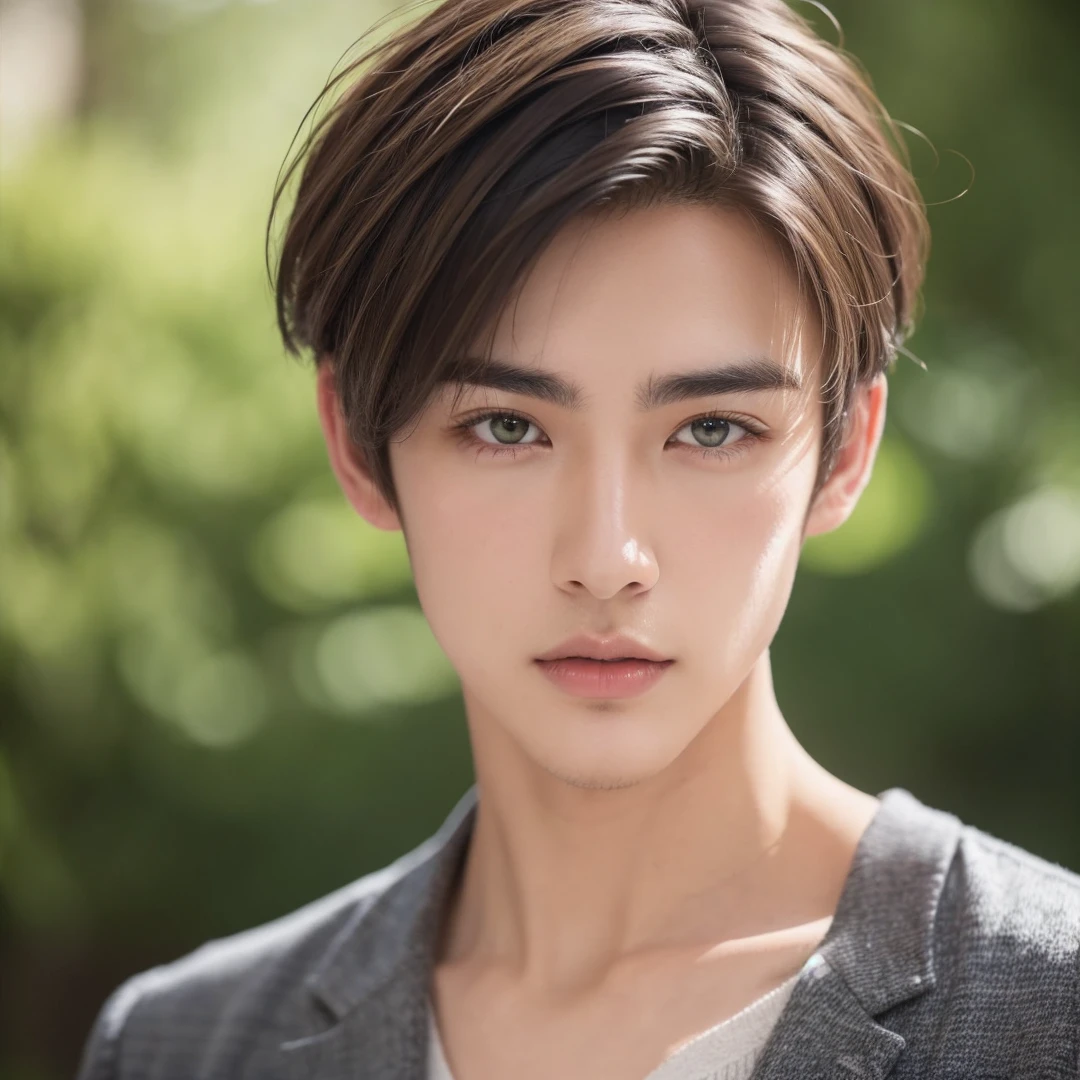 Handsome British mix Japanese guy, wasian, mix bloode, dark blonde hair, short hair, undercut hair, green eyes, 25 year old