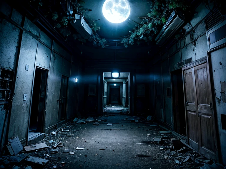 Scary abandoned hospital、Two men and women、darkness、night、moonlight、RAW Photos、Scary atmosphere
