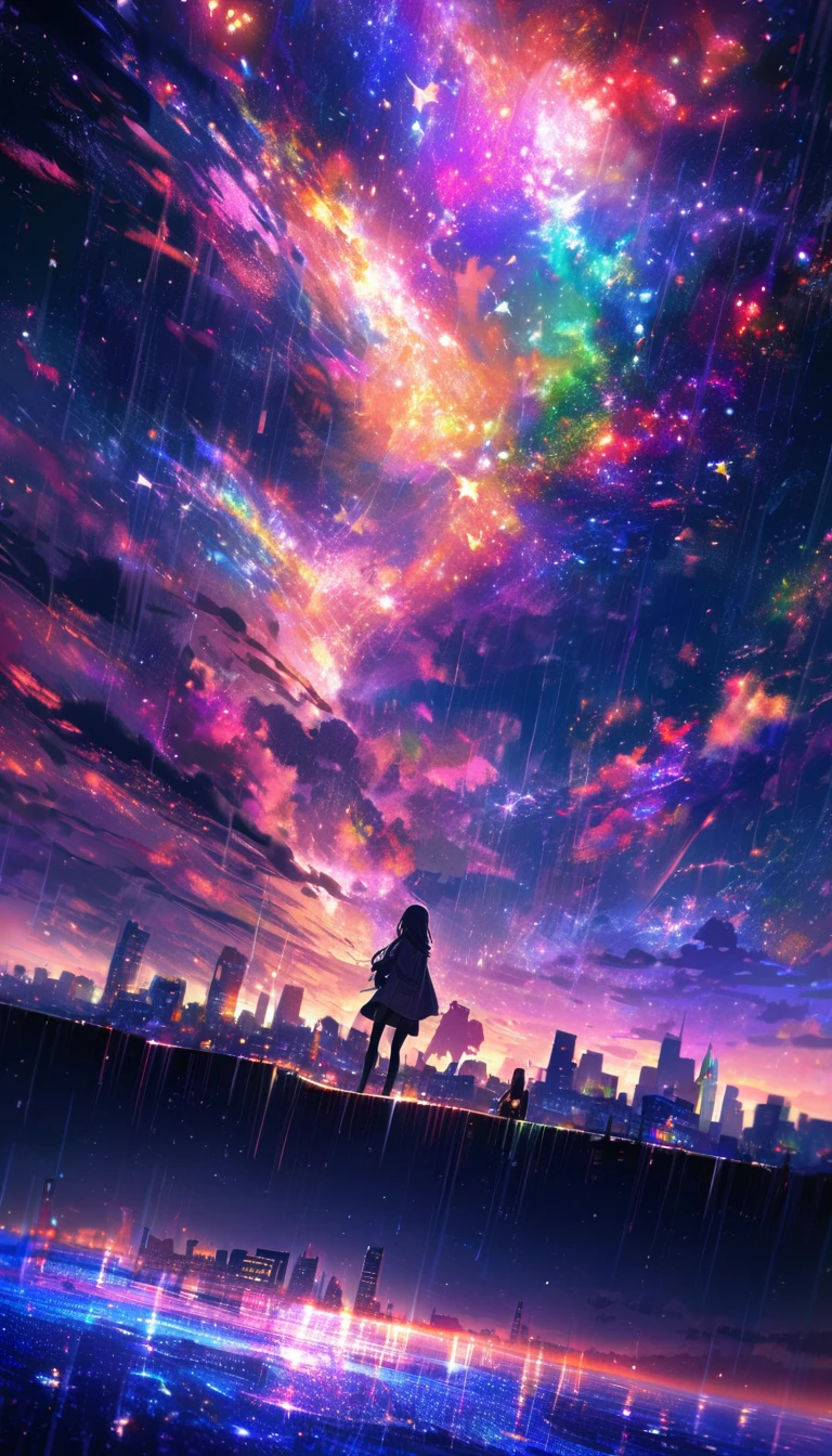 Angelic, detailed woman, Midnight, nebula, After the Rain, Starry Night, horizon, In the sky, city , colorful, High resolution, 8K