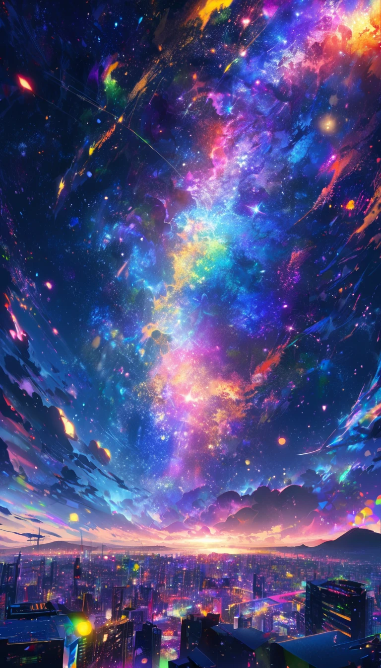 Angelic, detailed woman, Midnight, nebula, After the Rain, Starry Night, horizon, In the sky, city , colorful, High resolution, 8K