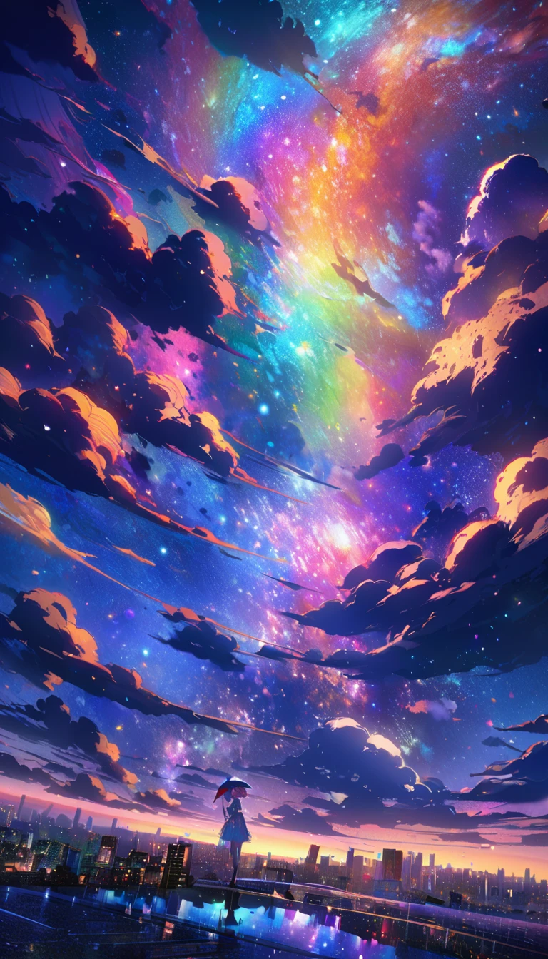 Angelic, detailed woman, Midnight, nebula, After the Rain, Starry Night, horizon, In the sky, city , colorful, High resolution, 8K