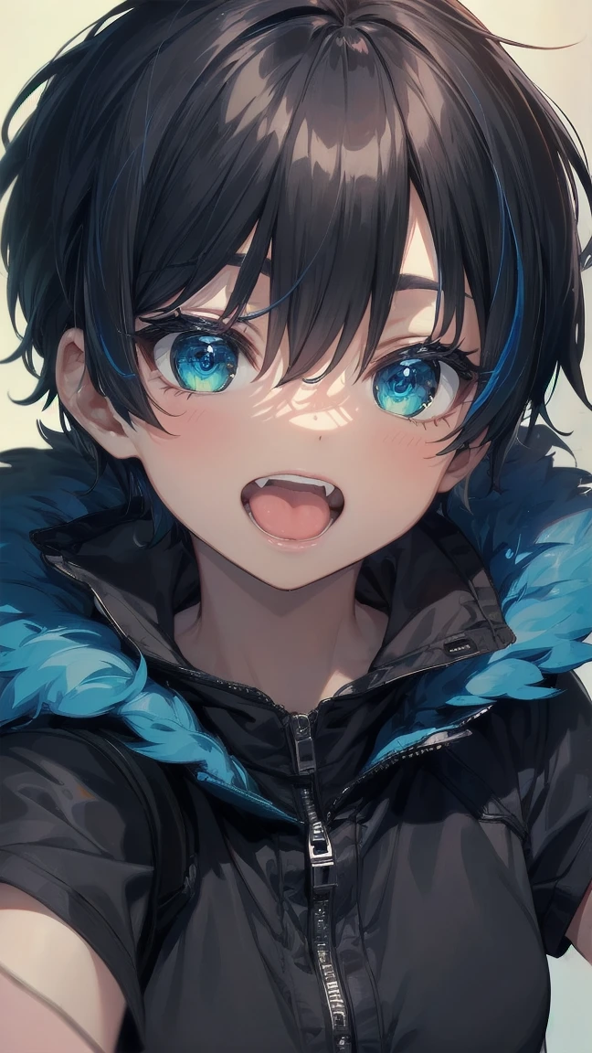 Close-up of a cartoon girl with blue hair and a yellow shirt, 2D Animation, 2D Animation style, 2D Art, 2D Art, 2D from Gorillaz, 2D from Gorillaz, 2D Gorillaz, Screaming Cerket, 2D Sprites, Jinx Face, short hair, hot pants, Small breasts, ((Black Hair, Bright blue fur inside:1.4))