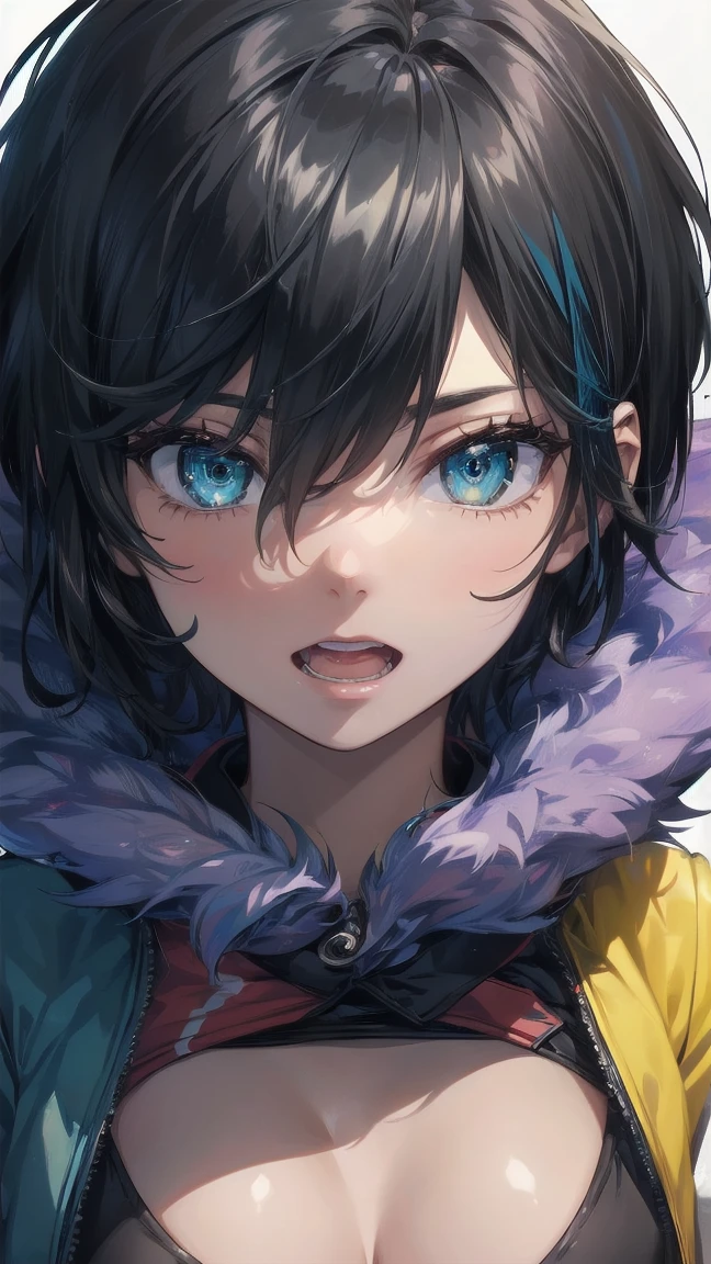 Close-up of a cartoon girl with blue hair and a yellow shirt, 2D Animation, 2D Animation style, 2D Art, 2D Art, 2D from Gorillaz, 2D from Gorillaz, 2D Gorillaz, Screaming Cerket, 2D Sprites, Jinx Face, short hair, hot pants, Small breasts, ((Black Hair, Bright blue fur inside:1.4))