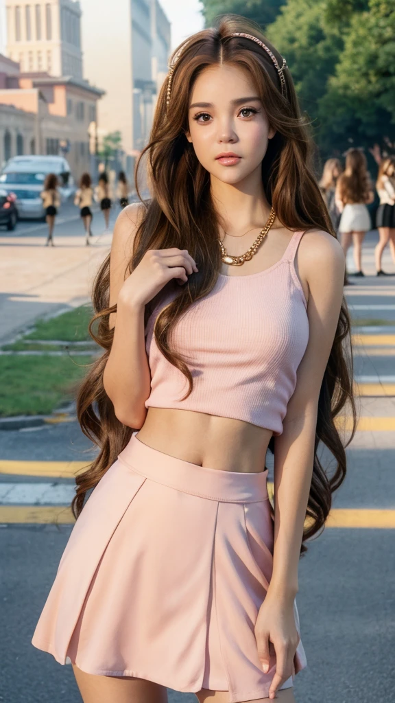 Beautiful woman,golden brown hair,Light pink miniskirt,Fitted low-cut top,School in the background, ((mean girls:1.5))