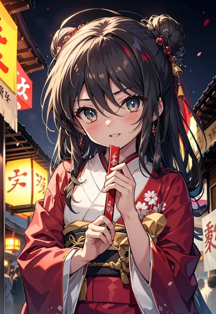 Shana,灼眼のShana,Long Hair, Redhead, Red eyes,Ahoge,smile,blush,Open your mouth,Hair Bun, single Hair Bun,blush,Red Kimono,Thick sleeves,Red long skirt,日本のfestival,夏festivalの屋台,Red lantern, break looking at viewer, Upper Body, break outdoors, shrine,festival, break (masterpiece:1.2), Highest quality, High resolution, unity 8k wallpaper, (shape:0.8), (Beautiful and beautiful eyes:1.6), Highly detailed face, Perfect lighting, Highly detailed CG, (Perfect hands, Perfect Anatomy),