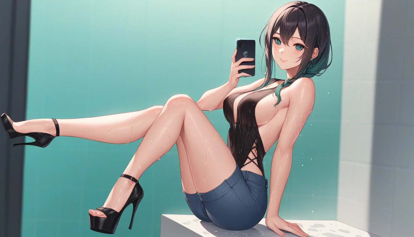 ((Woman taking a shower wearing a very tight mint green low cut work blouse, black skinny jeans and white high heels.)), (((Takes a selfie with your phone))), (((wet hair))), dripping wet, Wet clothes, ((I'm standing in the shower)), (((show shoes))), inviting smile, water flows through clothes, ((NFV)), nipples visible through wet blouse, showing cleavage, ((short curly red hair)), Blue eyes