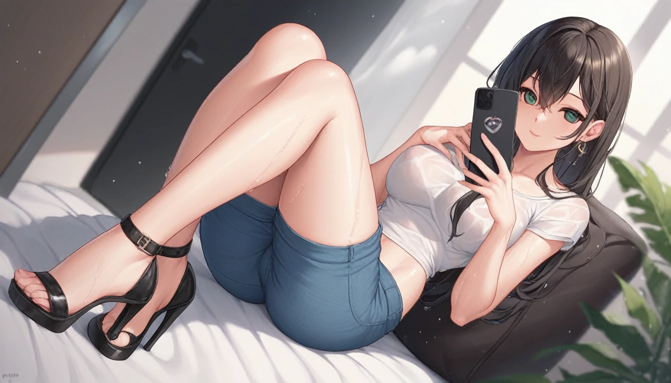 ((Woman taking a shower wearing a very tight mint green low cut work blouse, black skinny jeans and white high heels.)), (((Takes a selfie with your phone))), (((wet hair))), dripping wet, Wet clothes, ((I'm standing in the shower)), (((show shoes))), inviting smile, water flows through clothes, ((NFV)), nipples visible through wet blouse, showing cleavage, ((short curly red hair)), Blue eyes