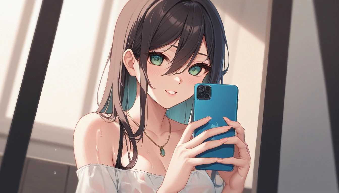 ((Woman taking a shower wearing a very tight mint green low cut work blouse, black skinny jeans and white high heels.)), (((Takes a selfie with your phone))), (((wet hair))), dripping wet, Wet clothes, ((I'm standing in the shower)), (((show shoes))), inviting smile, water flows through clothes, ((NFV)), nipples visible through wet blouse, showing cleavage, ((short curly red hair)), Blue eyes
