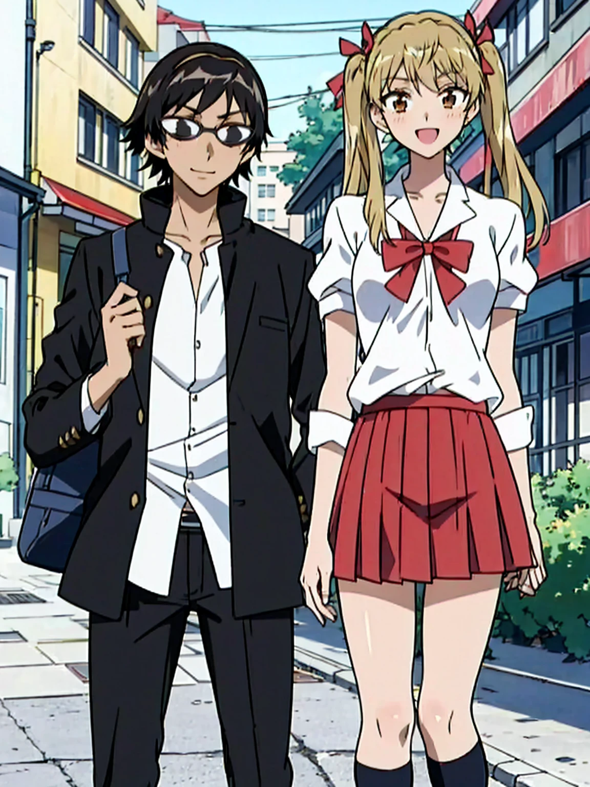 1 boy and 1 girl stand in the street,twintails,sawachika eri, brown eyes, hair ribbon,harimakenji, glasses, ,school uniform, red pleated skirt,eri,hairband, looking_at_viewer, serious, gakuran, white_shirt,smile,happy,two persons