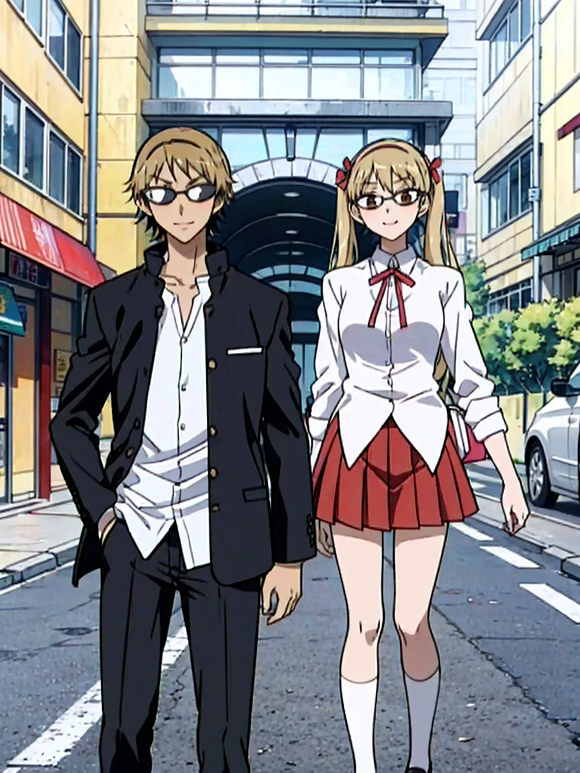 1 boy and 1 girl stand in the street,twintails,sawachika eri, brown eyes, hair ribbon,harimakenji, glasses, ,school uniform, red pleated skirt,eri,hairband, looking_at_viewer, serious, gakuran, white_shirt,smile,happy,two persons