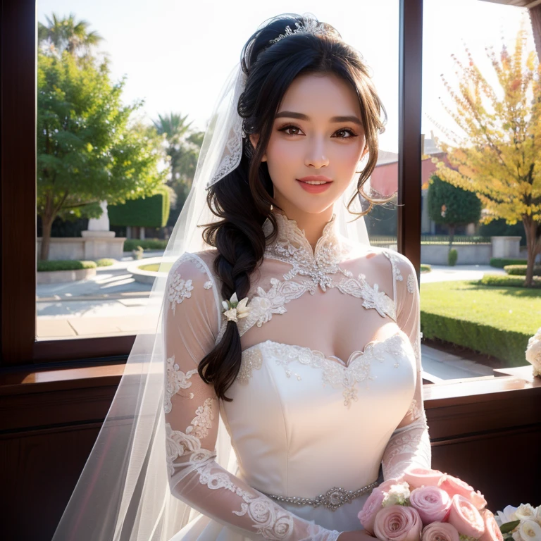 a beautiful young woman in a wedding dress, ponytail, detailed face, alluring eyes, full lips, large bust, wedding ceremony, outdoor date setting, soft lighting, warm colors, photorealistic, 8k, cinematic, beautiful detailed eyes, beautiful detailed lips, extremely detailed face and eyes, long eyelashes, intricate clothing textures, elegant posing, warm smile, romantic atmosphere