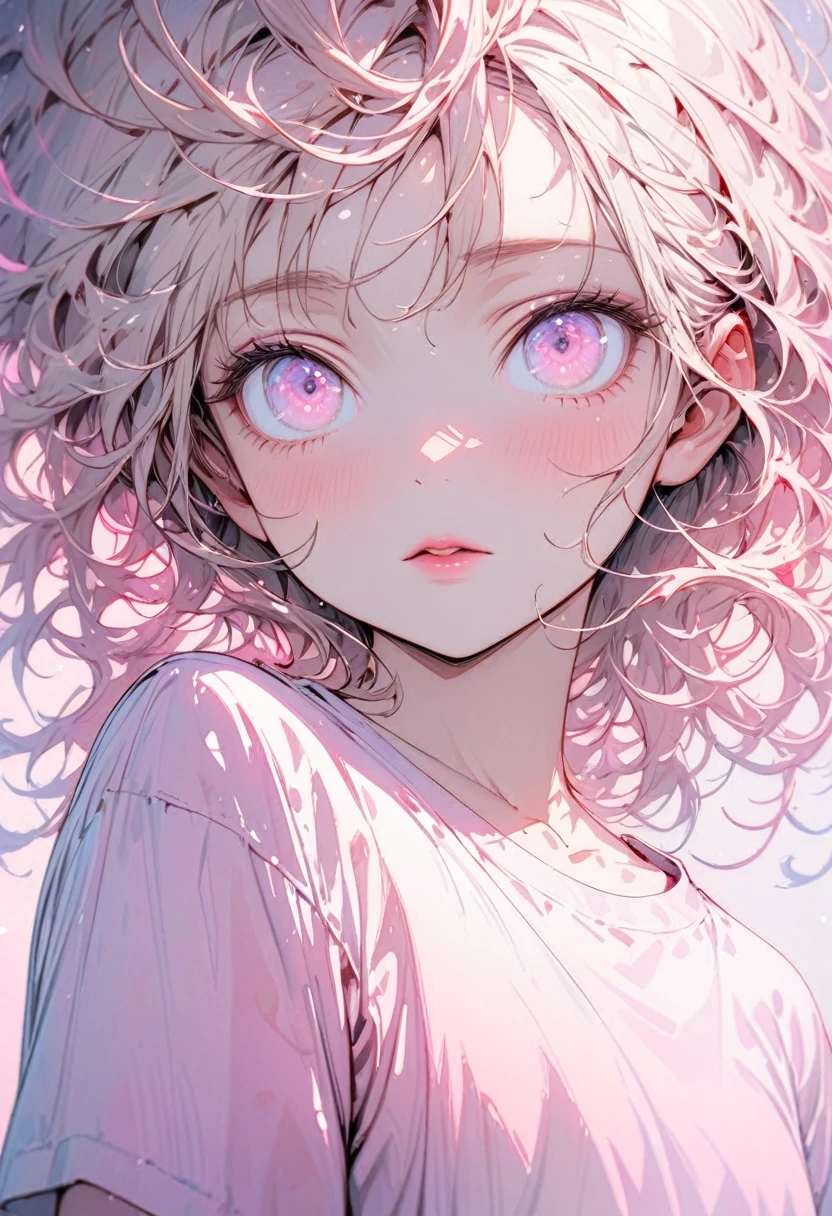 (masterpiece),(Highest quality:1.1),(Super detailed),Best illustrations,In detail,(Portraiture:1.1),(Intense close-up),Watercolor)floating,One girl,alone,13 years old,slim,(Very delicate and beautiful face),(Beautiful eyes in every detail),Pink thick lips,(Disheveled Hair),(Wearing a loose pink T-shirt),Soft and lazy,(Simple Background:1.2)Overall colored background,clear,4K