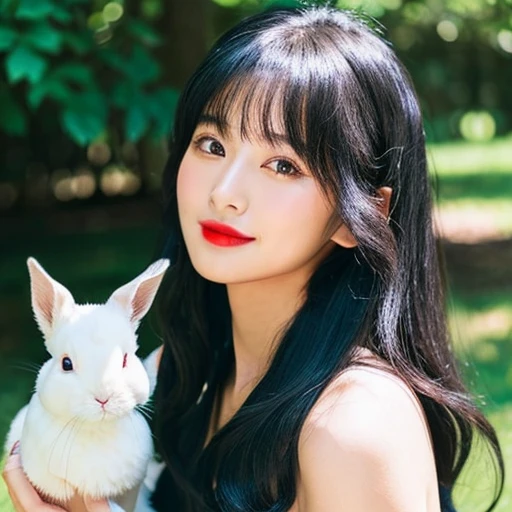 Japanese women、Black hair mash、Delicate face、Beauty、Black dress、See-through、Glamorous makeup、Red Lip、Holding a rabbit、Sunny outdoors