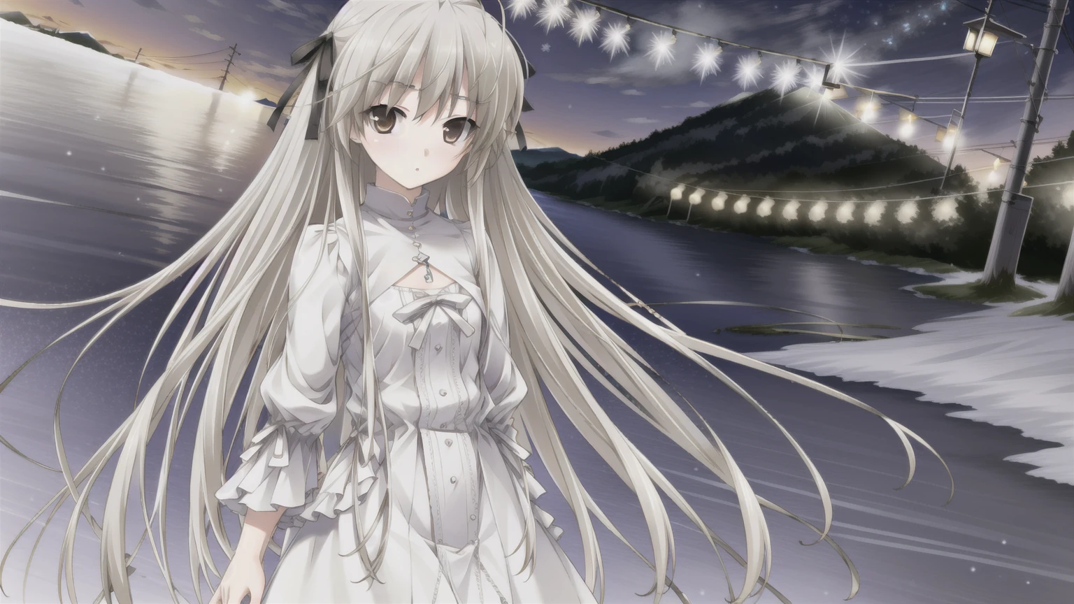 Kasugano Sora,Cool girl,Brown eyes,Long and straight hair，((masterpiece)),(best quality),Official Art,Extremely detailed CG,Unity 8K wallpaper,Very detailed,Beautiful and delicate eyes,Extremely detailed face,1 girl,solitary,,(whole body:1.5),(small:1.3),，winter，Christmas Star，Light up the lights，Wish you a Happy New Year，Walking in the street，Celebrate in a warm atmosphere，Getchu Bishoujo Game Awards 2023 Magazine Cover，The encounter between reindeer bells and snowflakes