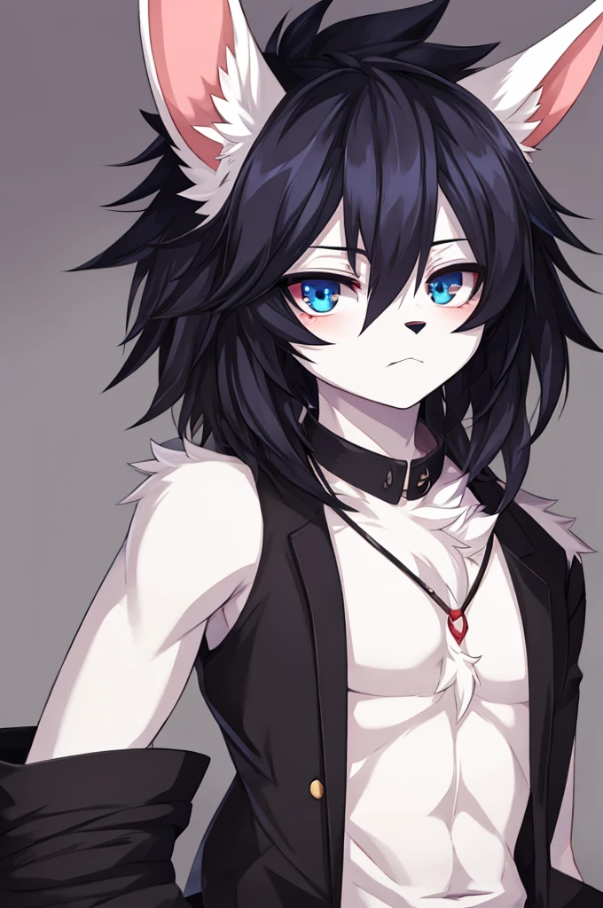 male, young adult, furry, anime, anthromorphic, bunny, emo, white fur, edgy, cute, beautiful, beautiful eyes, androgynous, cool big hair, bust portrait, stylized, y2k