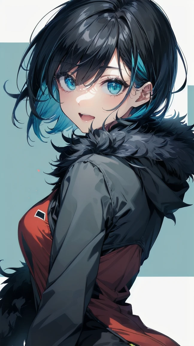 Close-up of a cartoon girl with blue hair and a yellow shirt, 2D Animation, 2D Animation style, 2D Art, 2D Art, 2D from Gorillaz, 2D from Gorillaz, 2D Gorillaz, Screaming Cerket, 2D Sprites, Jinx Face, short hair, hot pants, Small breasts, ((Black Hair, Bright blue fur inside:1.4))