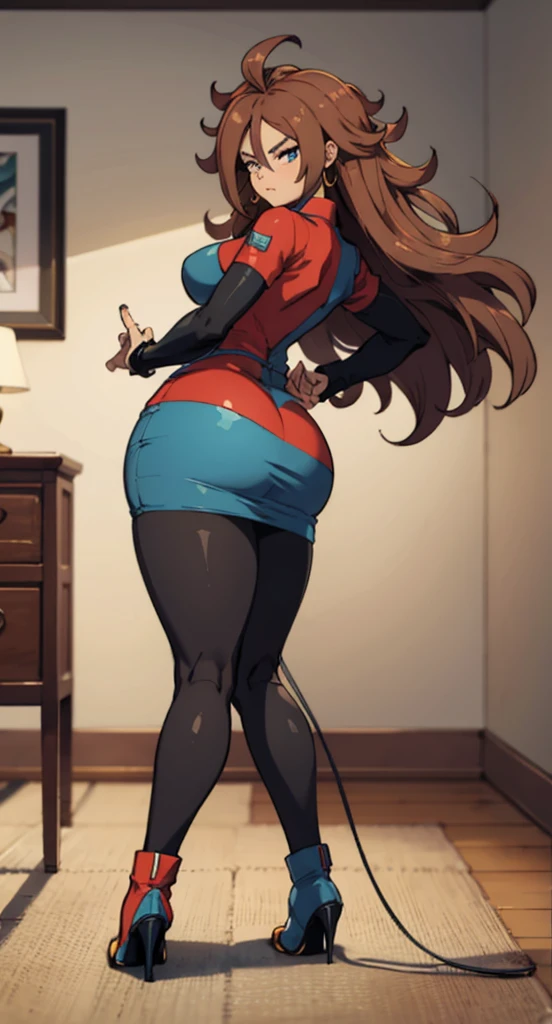 android 21, pose lateral, She is sideways to the spectator, sideways to camera, long brown hair, blue colored eyes, plaid dress, pantyhose, looking to the side, pose lateral, standing, ele está standing, serious, livingroom, light bulb, high qualiy, work of art, legs thick, big-ass, body healed,