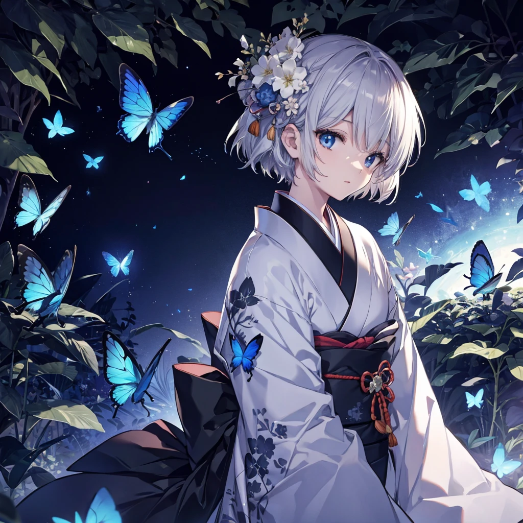 (((1 person)))　((High resolution　Gray Hair　short hair　Black kimono　shoulder))　((Black Band　military commander　Lonely　despair　blue eyes))　((Blue Butterfly　night　Japanese style　old　Shining Aura　garden)) moon　star 