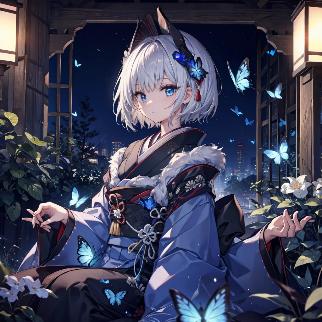 (((1 person)))　((High resolution　Gray Hair　short hair　Black kimono　shoulder))　((Black Band　military commander　Lonely　despair　blue eyes))　((Blue Butterfly　night　Japanese style　old　Shining Aura　garden)) moon　star 