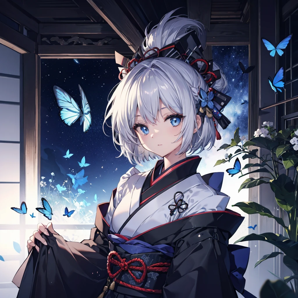 (((1 person))) ((High resolution Gray Hair short hair Black kimono shoulder)) ((Black Band military commander Lonely despair blue eyes)) ((Blue Butterfly night Japanese style old Shining Aura garden)) moon star