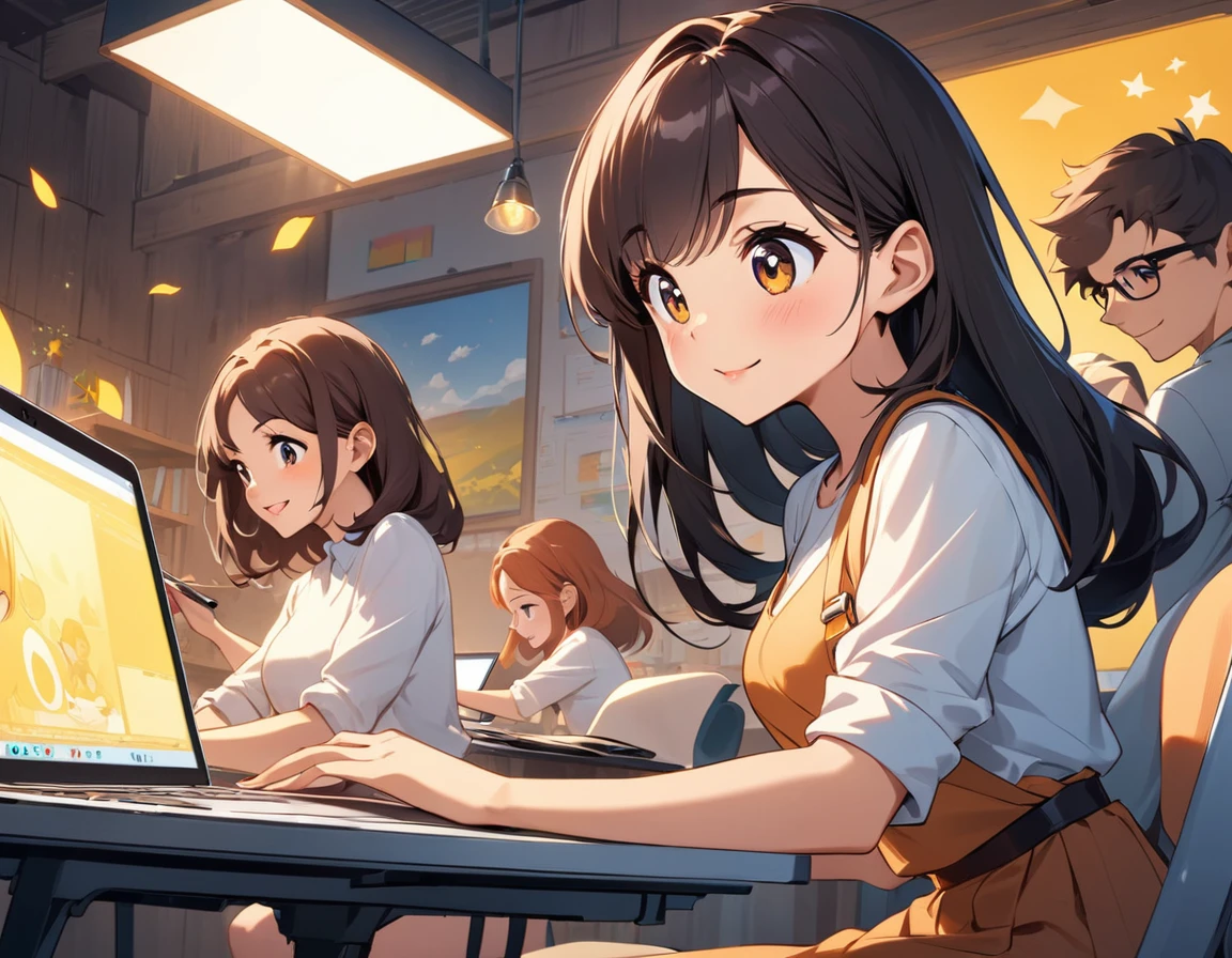 Cartoon characters Working with a laptop Video editing Fun atmosphere Girl characters