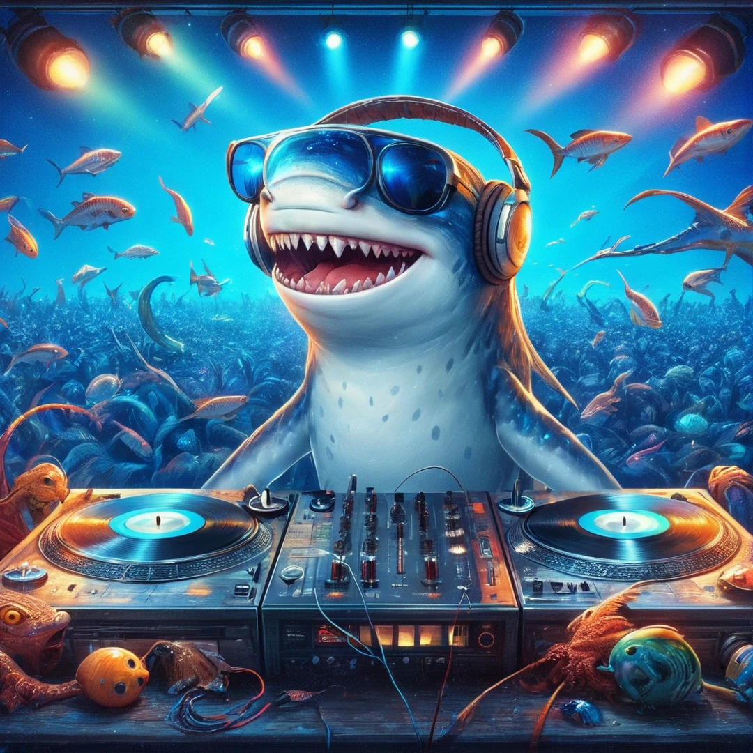 um close de um tubarão DJ com fones de ouvido tocando música, tubarão e guitarra, Tubarão antropomórfico, Inspirado por Cirilo Rolando, no estilo de Cyril Rolando, extremely high quality obra de arte, background obra de arte, Cyril Rolando e Goro Fujita, sharp high quality obra de arte, obra de arte, rob mcnaughton, Chillhop, high quality obra de arte