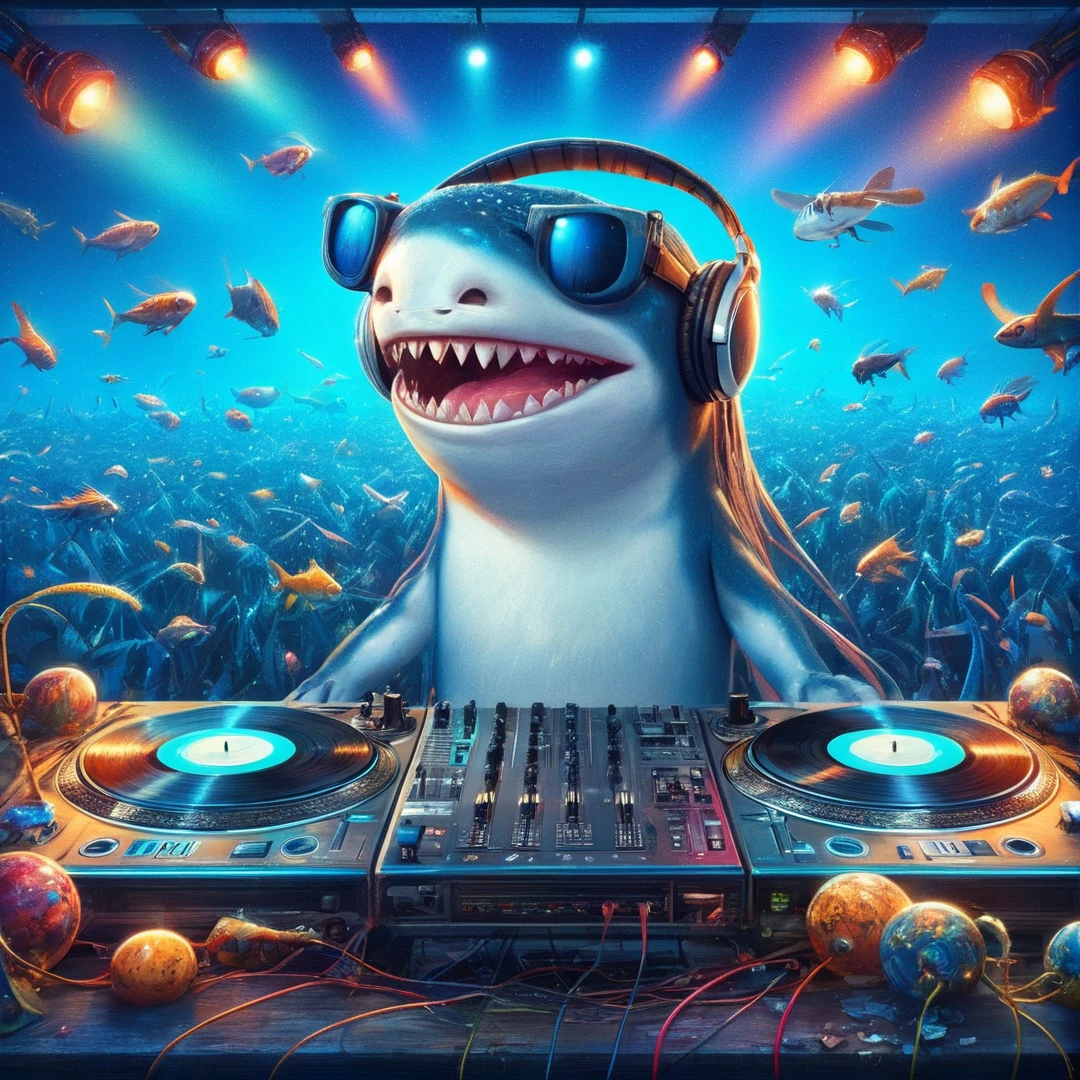 um close de um tubarão DJ com fones de ouvido tocando música, tubarão e guitarra, Tubarão antropomórfico, Inspirado por Cirilo Rolando, no estilo de Cyril Rolando, extremely high quality obra de arte, background obra de arte, Cyril Rolando e Goro Fujita, sharp high quality obra de arte, obra de arte, rob mcnaughton, Chillhop, high quality obra de arte