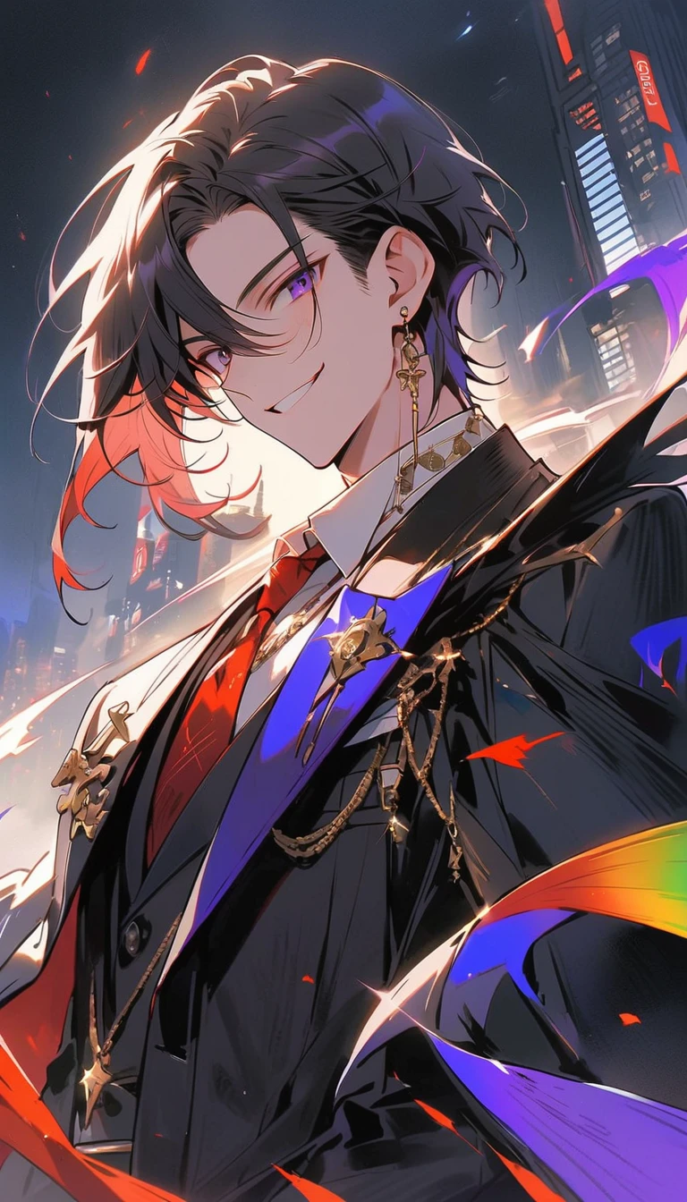good looking, alone, 1 male, short hair, Smile Facial,1. Boy with black and purple hair, Moderate height, Slim body, Long coat, Black lining,good looking, short hair, Black Hair, Rainbow Hair, Purple eyes, 先端がスモーキーグレーのBlack Hair, smoking, Black light,smile、, Bright, sharp eyes illuminate the scene,uniform,Fewer accessories,whole body,Background white,(masterpiece, Highest quality), Yishang_edge, Default_Costume, One boy, alone, Red tie, Black jacket, Black vest, Jacket on shoulders, White shirt, Collared shirt, Black trousers, View your viewers, city, night, knife,紫色に光るknife身,View your viewers, city, night, From below,Lots of cool accessories