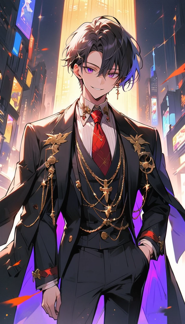 good looking, alone, 1 male, short hair, Smile Facial,1. Boy with black and purple hair, Moderate height, Slim body, Long coat, Black lining,good looking, short hair, Black Hair, Rainbow Hair, Purple eyes, 先端がスモーキーグレーのBlack Hair, smoking, Black light,smile、, Bright, sharp eyes illuminate the scene,uniform,Fewer accessories,whole body,Background white,(masterpiece, Highest quality), Yishang_edge, Default_Costume, One boy, alone, Red tie, Black jacket, Black vest, Jacket on shoulders, White shirt, Collared shirt, Black trousers, View your viewers, city, night, knife,紫色に光るknife身,View your viewers, city, night, From below,Lots of cool accessories