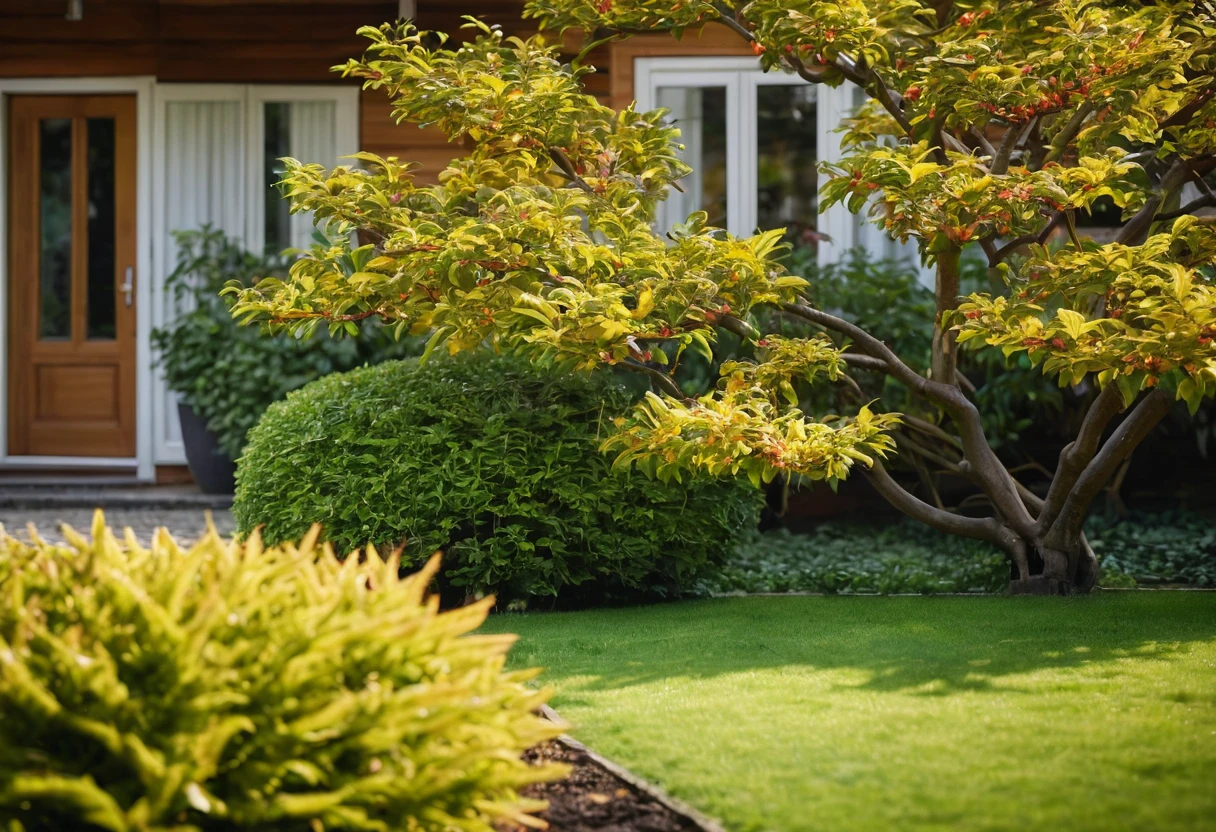 Close-up shot of a beautifully pruned ornamental tree with vibrant leaves, positioned beside the house. The texture of the leaves and the intricate pattern of the branches are in sharp focus, while the background, including the house's wooden facade and garden path, is softly blurred with a depth of field (dof) effect. The natural light enhances the rich colors and details of the foliage.
8k resolution, UHD, high-quality detail, depth of field (dof) effect, cinematic standards, modern architecture, natural materials, warm lighting, artistic composition, lush garden, golden hour light.