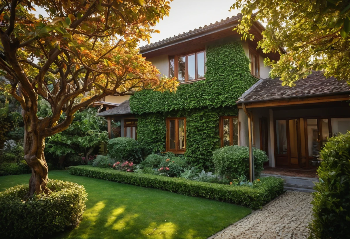 Close-up shot of a beautifully pruned ornamental tree with vibrant leaves, positioned beside the house. The texture of the leaves and the intricate pattern of the branches are in sharp focus, while the background, including the house's wooden facade and garden path, is softly blurred with a depth of field (dof) effect. The natural light enhances the rich colors and details of the foliage.

8k resolution, UHD, high-quality detail, depth of field (dof) effect, cinematic standards, modern architecture, natural materials, warm lighting, artistic composition, lush garden, golden hour light.
